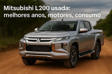 Mitsubishi L200 usada prata em estrada de terra, vista frontal destacando design robusto