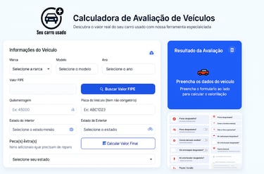 Tela da Calculadora de Avaliação de Carros Usados mostrando formulário com campos de marca, modelo, 