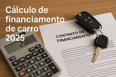 Contrato de financiamento de carro em português com calculadora e chaves sobre a mesa