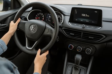 Interior de carro compacto moderno com painel digital, câmbio automático e mão feminina ao volante.