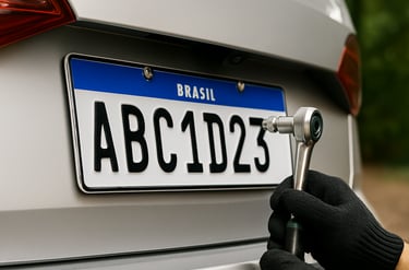 Profissional instalando uma placa do Mercosul em um carro, com ferramentas e cuidado visível na fixa
