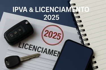 Chave de carro sobre guia de licenciamento com carimbo “2025” e agenda ao lado.