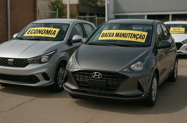 Fiat Argo e HB20 com etiquetas de economia, baixa manutenção e alta revenda em pátio de usados.