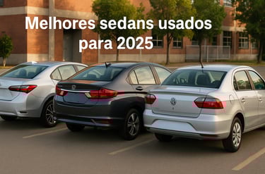 Toyota Corolla, Honda City e Volkswagen Voyage estacionados lado a lado, vistos por trás em ambiente