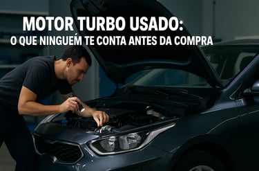 Mecânico inspecionando motor de carro turbo usado com capô aberto em oficina bem iluminada.