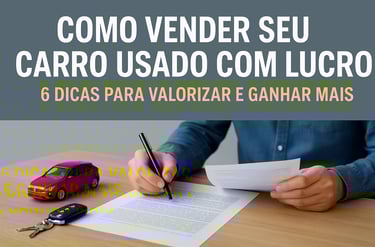 Pessoa preenchendo documentos de venda de veículo, com chave e miniatura de carro vermelho sobre a m