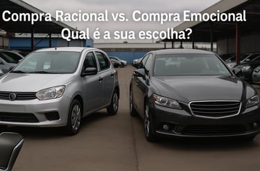 Carros lado a lado em pátio de revenda: à esquerda, hatch prateado popular e econômico; à direita, s