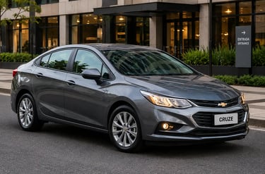 Chevrolet Cruze cinza estacionado em cenário urbano moderno.