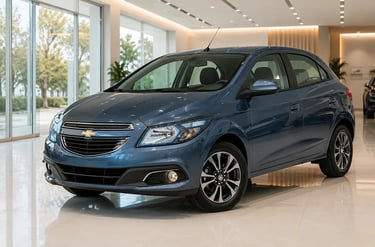 Chevrolet Onix LTZ 2015 azul em showroom moderno com acabamento refinado