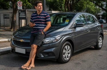 Motorista de aplicativo ao lado de um Chevrolet Onix aguardando corridas em área urbana.