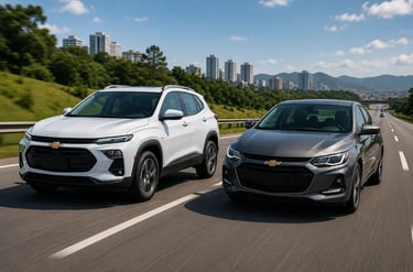 Chevrolet Tracker e Onix Plus lado a lado em movimento em rodovia urbana moderna