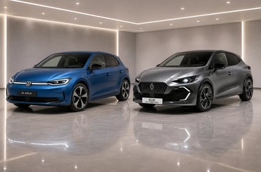 Volkswagen ID Polo e Renault Clio em showroom como concorrentes do Yaris 2028