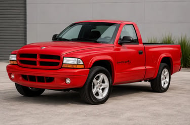 Dodge Dakota R/T V8 vermelha em showroom externo com visual esportivo clássico.