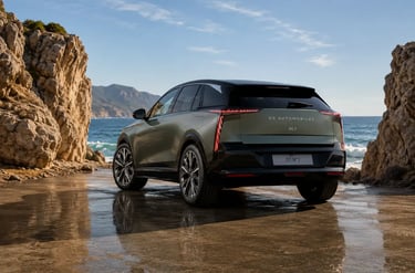 Novo DS 7 elétrico visto traseira em cenário litorâneo com visual premium futurista