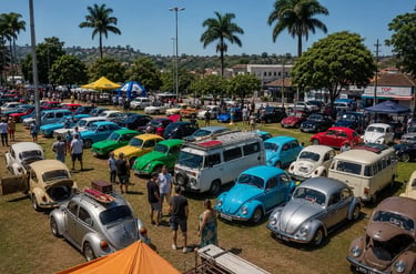 Encontro de carros antigos reúne modelos clássicos em evento automotivo ao ar livre