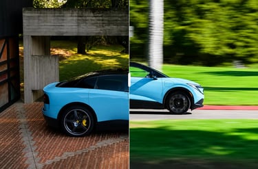Ferrari Luce e Nissan Leaf lado a lado destacando semelhanças no design