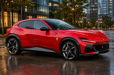 Ferrari Purosangue vermelha estacionada em rua urbana com prédios modernos ao fundo