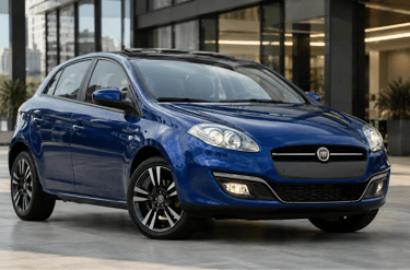 Fiat Bravo T-Jet 2016 azul em vista frontal três quartos em showroom urbano moderno