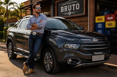 Homem de estilo sertanejo urbano ao lado de uma Fiat Toro em frente a uma distribuidora de bebidas.