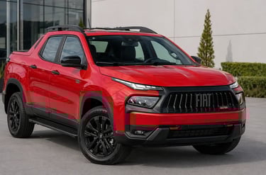 Fiat Toro Ultra 2026 vermelha em showroom externo com design moderno e sem placa