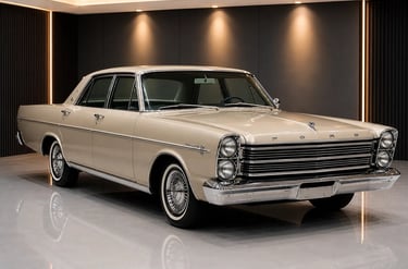 Ford Galaxie bege em showroom com piso brilhante e iluminação suave