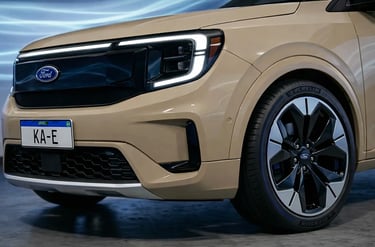 Detalhe frontal do Ford Ka-E conceito elétrico com farol em LED e roda esportiva rival