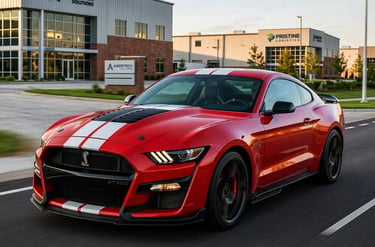 Ford Mustang Shelby GT500 vermelho em movimento com faixas esportivas em ambiente urbano