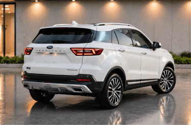 Ford Territory Titanium 2021 SUV médio visto de traseira lateral em ambiente estilo showroom