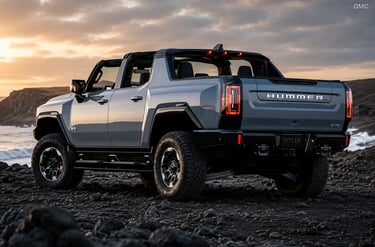 Picape GMC Hummer EV estacionada em terreno rochoso à beira-mar