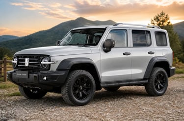 SUV GWM Tank 4x4 em cenário off-road com montanhas ao fundo durante o pôr do sol