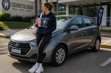 Estudante de odontologia ao lado de um Hyundai HB20 em frente à faculdade durante o dia.