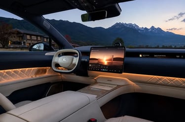 Interior do Nio ET9 com tela central, iluminação ambiente e vista para montanhas ao entardecer
