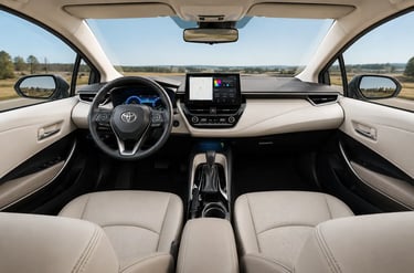 Interior do Toyota Corolla Hybrid com painel digital, multimídia e bancos claros