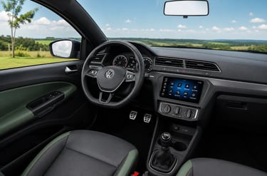 Interior da Volkswagen Saveiro Trendline com painel multimídia e câmbio manual