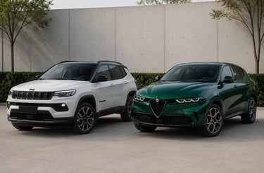 Jeep Compass e Alfa Romeo Tonale lado a lado em showroom externo