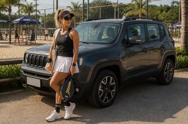 Praticante de beach tennis ao lado de um Jeep Renegade em frente a quadras esportivas.