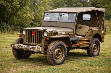Jeep Willys antigo militar em cenário rural representando origem histórica do modelo