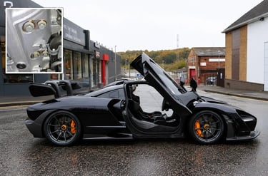 McLaren Senna com detalhe ampliado dos parafusos com lubrificante técnico