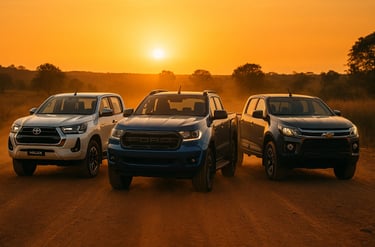 Toyota Hilux, Ford Ranger e Chevrolet S10 lado a lado em estrada de terra ao pôr do sol