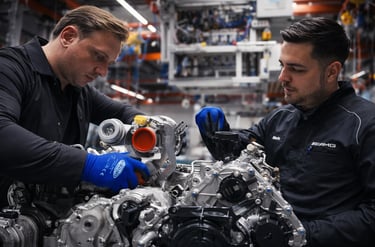 Cliente participando da montagem do motor Mercedes-AMG na fábrica