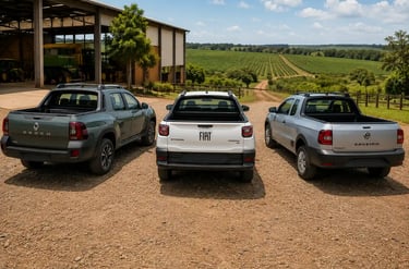 Oroch Pro, Strada Freedom e Saveiro Robust vistas de traseira em cenário rural