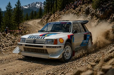 carros de rally Peugeot 205 T16 em ação no WRC em estrada de terra com curva e poeira levantando