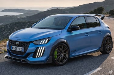 Peugeot 208 Rally Urban com widebody e preparação rally em estrada de montanha ao pôr do sol