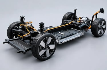 Plataforma de carro elétrico com bateria integrada, suspensão e componentes elétricos