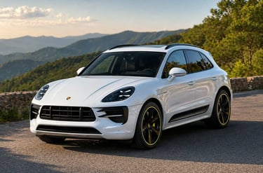 Porsche Macan branco em estrada com fundo de montanhas e design esportivo moderno