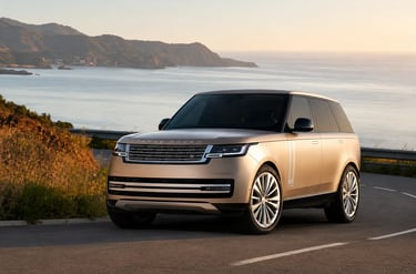 Range Rover estacionado em estrada litorânea ao pôr do sol