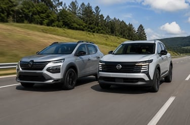 Renault Kardian e Nissan Kicks em movimento lado a lado na rodovia