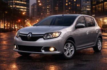 Renault Sandero Dynamique 2015 1.6 prata em cenário urbano noturno com faróis acesos