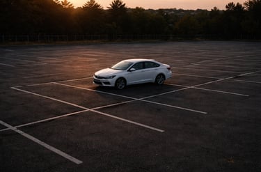 Sedã sozinho em estacionamento vazio ao pôr do sol simbolizando queda de popularidade