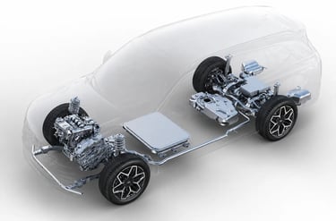 Plataforma híbrida Kun Peng 2.0 do Tiggo 7 HEV com bateria e conjunto eletrificado.